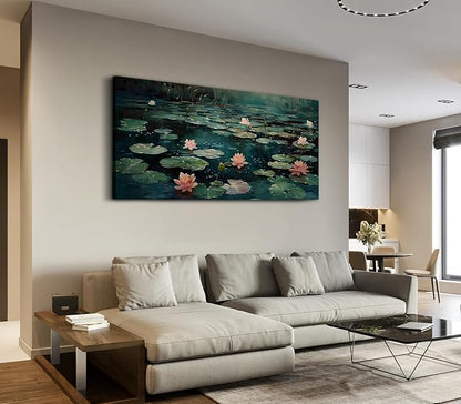 ADJUVANT Wall Art Impressionist Water Lily Pond 60" L x 30" W, Pink Lotus Flowers on Dark Blue Water Canvas Painting Nature Artwork Prints Wall Decor for Living Room Bedroom Bathroom Home Office