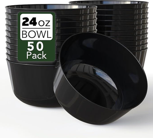 Trendables Plastic Bowls Disposable Bowls 24 Oz Bowl Set Of 50 Black Fancy Plastic Serving Dishes Perfect for Parties and Events Disposable Candy Bowl