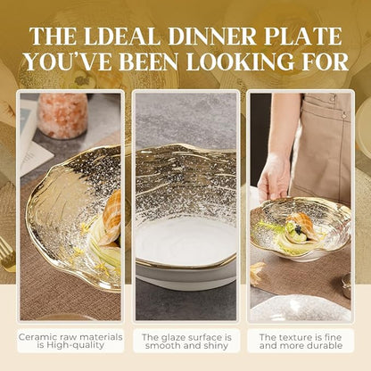 Handmade Ceramic Pasta Bowl 10.4 Inch, Wave Edge Gold Rim Soup Bowl, Set of 4 Reinforced Porcelain Bowls, 1kg Each, Dishwasher Safe Dinner Bowls