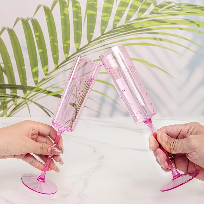 YOUBET 24Pack Pink Plastic Champagne Flutes 6 oz | Clear Pink Champagne - Image 8