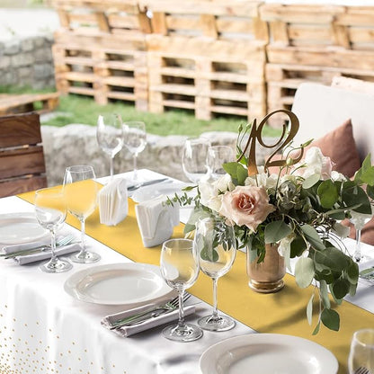 24Pack Disposable Plastic Tablecloths and Satin Table Runner Set White and Gold - Image 5