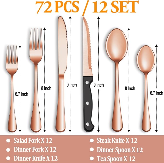 72 Pcs Rose Gold Silverware Set - Image 2
