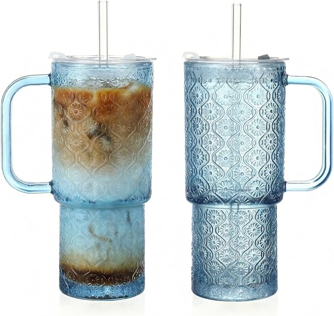20 oz Blue Glass Tumbler with Lid and Straw, Glass Iced Coffee Cups, by Unknown
