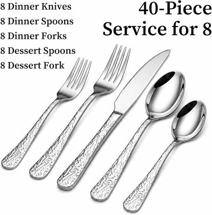 40 Piece Silverware Set for 8, Vintage Stainless Steel Flatware Set | Stone - Image 5