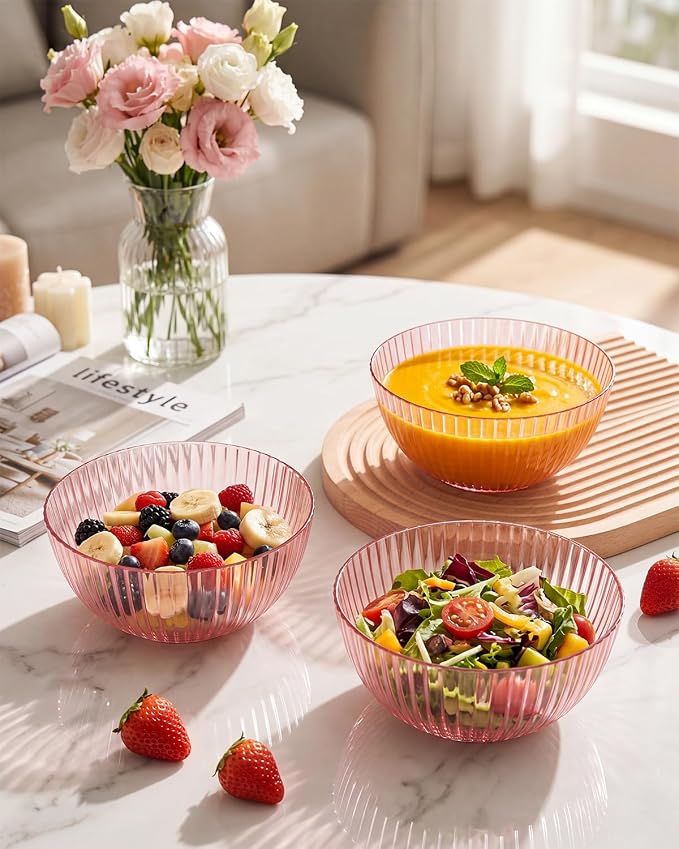 bUCLA 12 PCS Plastic Cereal Bowls Set - 28 Oz Clear Pink Disposable Vertical - Image 7