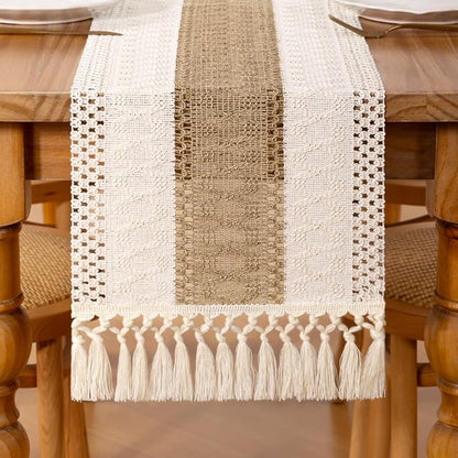 DeZerlor Ivory& Burlap Boho Macrame Farmhouse Woven Table Runner 108Inch | by DeZerlor