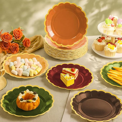 96 Pcs Fall Paper Plates 9 Inch Gradient Scalloped Paper Plates Disposable Dinner Dessert for Birthday Wedding Bridal Party Supplies, 6 Colors