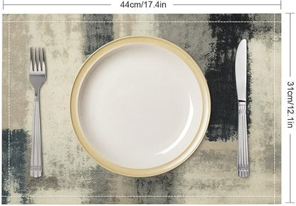 Gradient Placemat Set, Modern Minimal Fashion Abstract Beige Grey Blue Art Oil Painting Brush Strokes Patchwork Pattern Home Decor Linen Table Mats for Dining Room Kitchen Party (17x12in) x4P