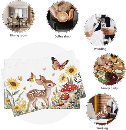 Cute Deer Placemats Set of 4, Sunflower Butterfly Place Mats, Sika Deer Waterproof Washable Table Mats for Home Party Indoor Kitchen Dining Table Decoration 12x18 Inch