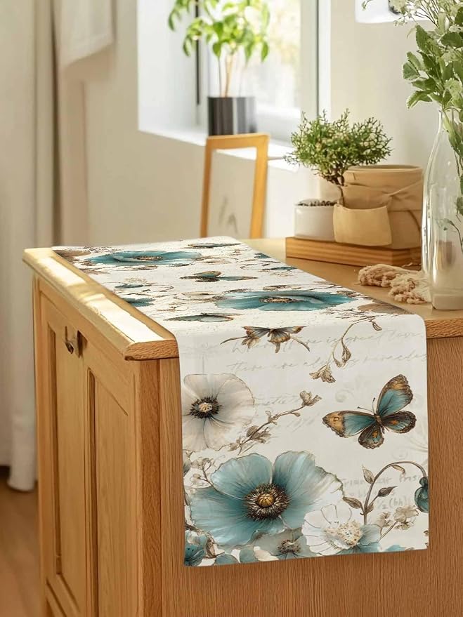 Turquoise Tulip Table Runners 120 Inches Long, Spring Vintage Botanical Table - Image 7