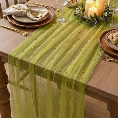 Artoid Mode Pearl Olive Green Gauze Table Runner 120 Inch 10FT, Seasonal Sheer Dining Holiday Wedding Birthday Baby Shower Table Decor for Home Party