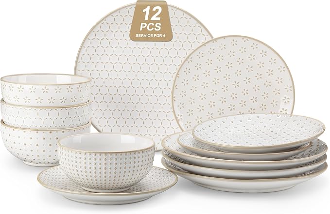 MALACASA 12 Pieces Dinnerware Sets, Farmhouse Plates and Bowls Sets, Embossed by MALACASA