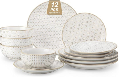 MALACASA 12 Pieces Dinnerware Sets, Farmhouse Plates and Bowls Sets, Embossed by MALACASA