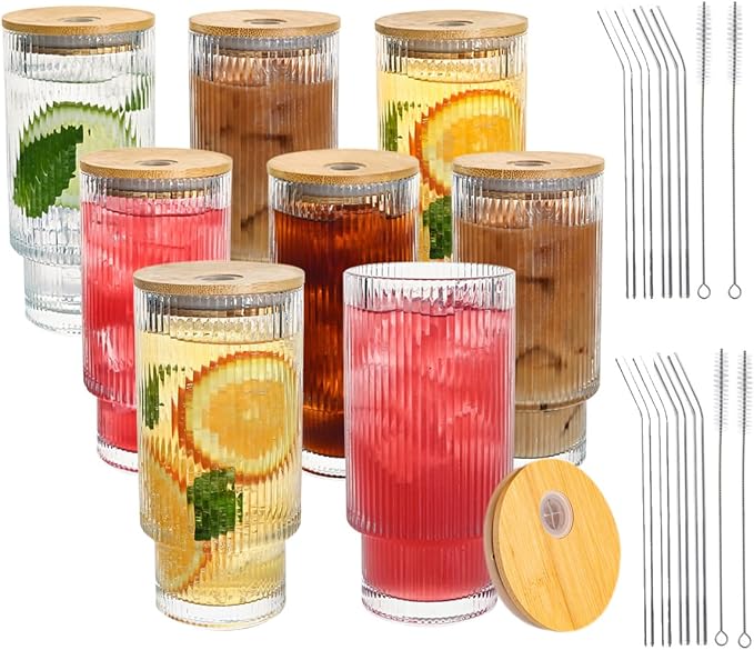 Drinking Glasses with Bamboo Lids and Glass Straw 8pcs Set, 16oz Glass Tumbler by Unknown