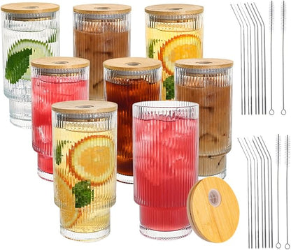 Drinking Glasses with Bamboo Lids and Glass Straw 8pcs Set, 16oz Glass Tumbler by Unknown