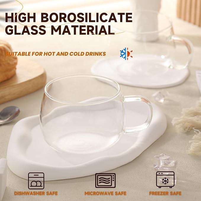 Glass Tea Cups Set of 2, Dishwasher & Microwave Safe Large Coffee Mugs - Image 2