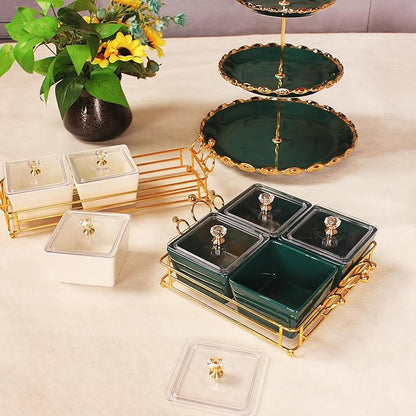 YA JU Ceramic Bowls and with Lid Gold Basket Trays, 6 Removable Small Bowls Condiment Trays Nut Serving Set for Snacks, Fruits, Candy and Condiments - Great for Parties, Holiday Gifts, Green