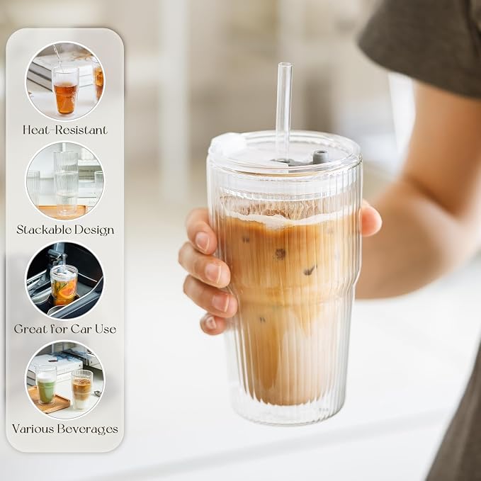 KEMORELA 16oz Ribbed Double Wall Glass Cups - Image 4
