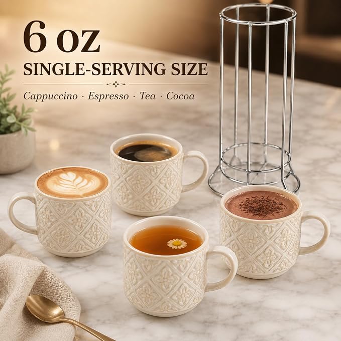 6 Oz Coffee Cups with Stand, Stackable Espresso Cups Set of 4, Ceramic - Image 7