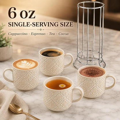 6 Oz Coffee Cups with Stand, Stackable Espresso Cups Set of 4, Ceramic - Image 7