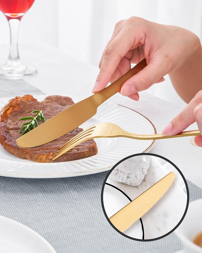 Matte Gold Silverware Set with Steak Knives, 20-Piece Stainless Steel Flatware - Image 6