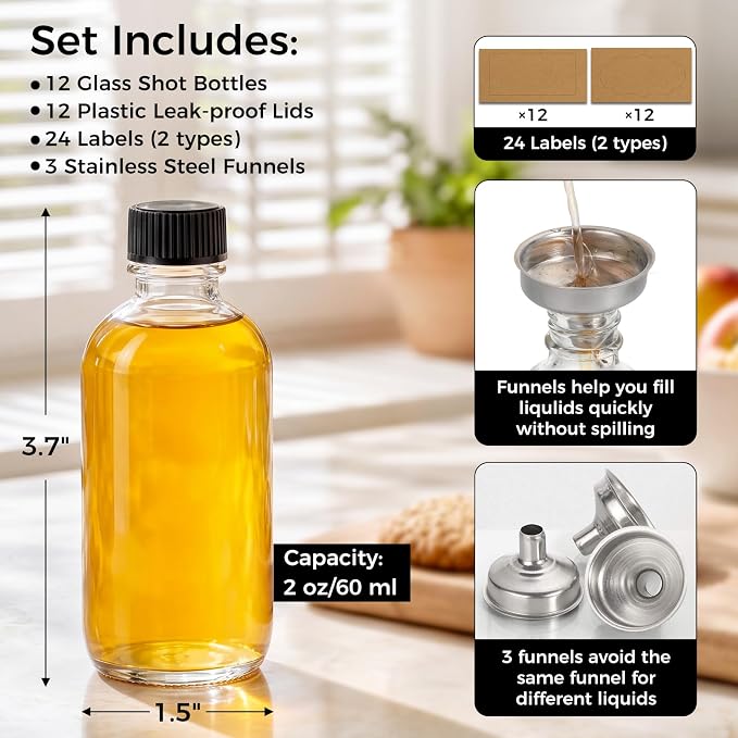 AOZITA 12 Pack, 2 oz Small Clear Glass Bottles w/Lid & 3 Funnels - 60ml Boston - Image 5