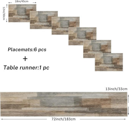 Table Runner and Placemats Set of 6, Art Brown Grey Art Dining | Abstract - Image 3