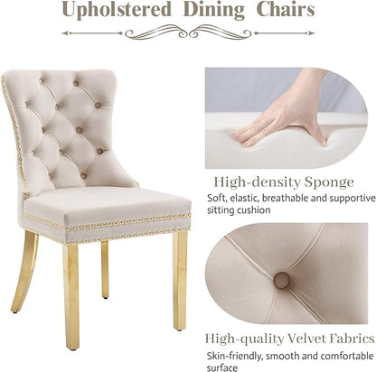 KCC Velvet Dining Chairs Set of 4, Upholstered High-end Tufted Dining Chair with Nailhead Back Ring Pull Trim Stainless Steel Legs, Contemporary Nikki Collection Modern Style for Kitchen, Beige