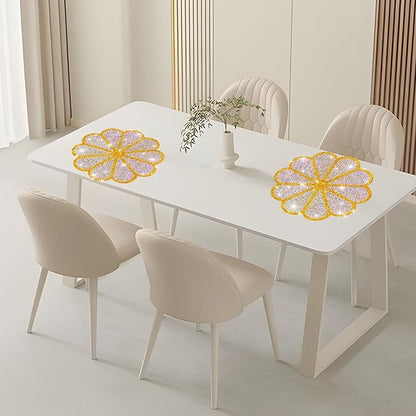 Washable Waterproof Diamond Circle Placemats for Round Tablescape Decor for Dinner and Kitchen Bling Placemats for Weddings & Special Events-4 PCS (Yellow)