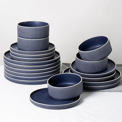 Dinnerware Set Service for 8, 24-Piece Ceramic Plates and Bowls Set, Chip & Scratch Resistant, Microwave and Dishwasher Safe, Modern Minimalist Tableware for Everyday Use, Matte Blue