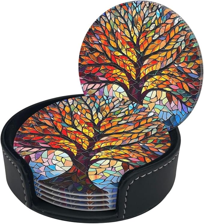 Drink Coasters with Holder Stand Set of 6, Tree of Life Stained Glass Pu - Image 8