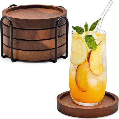 Wood Drink Coasters with Holder, Natural Absorbent Wooden Coasters by ABenkle