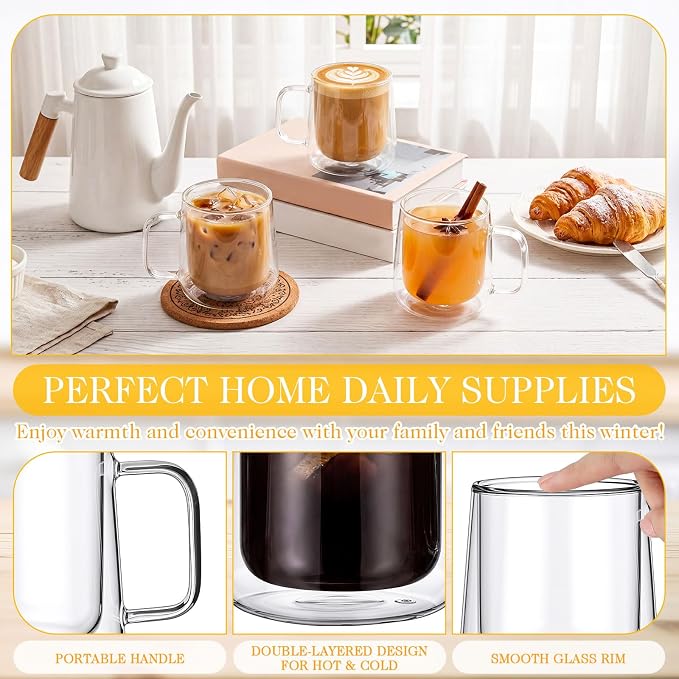 Patelai Glass Coffee Mugs Set of 4, 12 oz Clear Double Walled Coffee Cups - Image 3