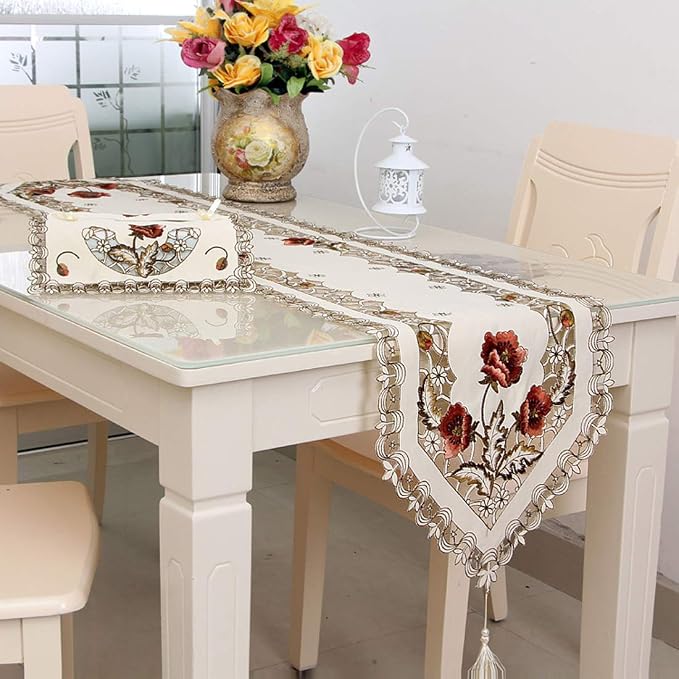 LeLehome Classic Flowers Embroidered Lace Table Runner 15" X 69" Long Satin - Image 2
