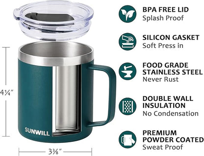 SUNWILL Travel Coffee Mug with Lid, Insulated Cup with Handle, 14 oz Stainless - Image 2