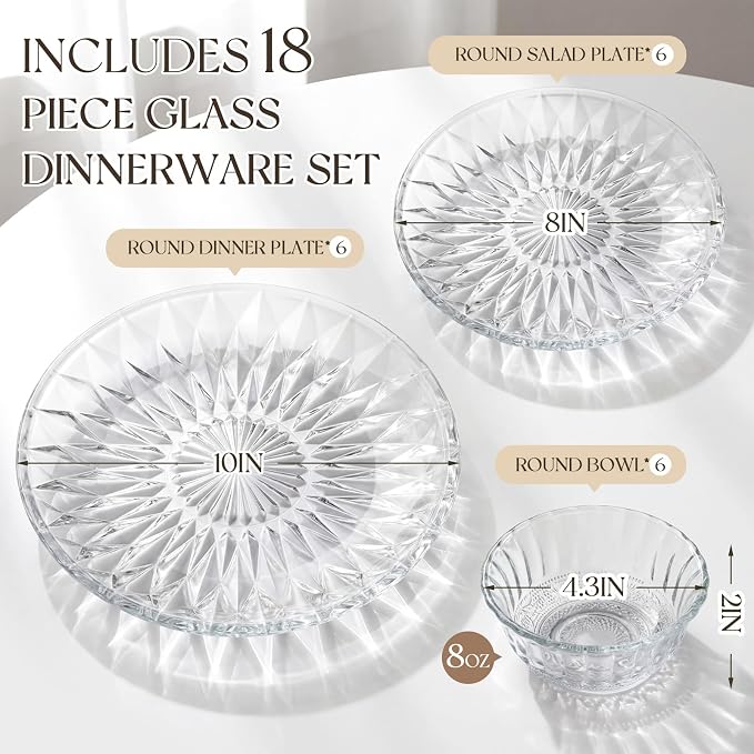 Havawish 18 Pcs Glass Dinnerware Set, Flowers | Clear Glass Plate and Bowl Sets - Image 2