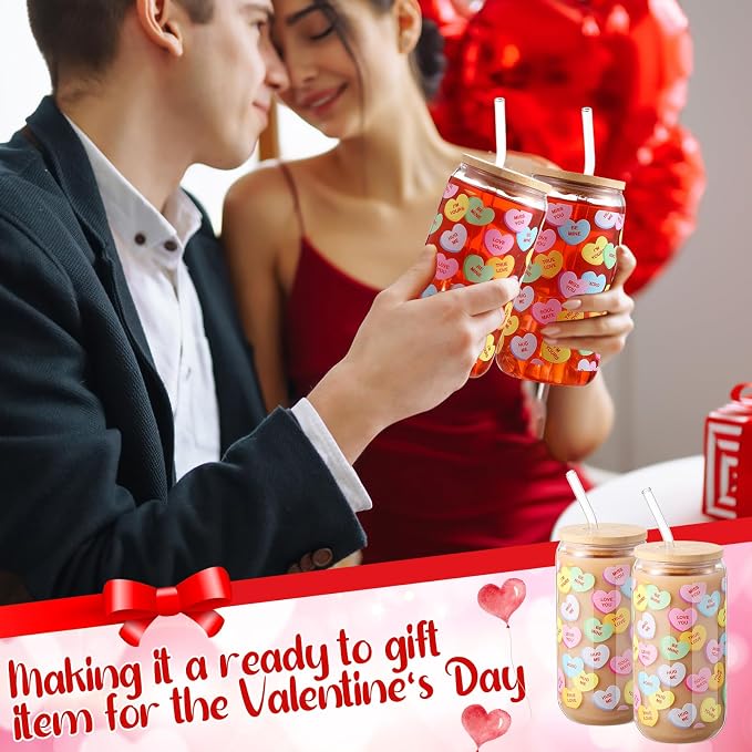 Sliner 2 Pcs Valentine's Day Cups Conversation Heart Glass Tumbler - Image 3