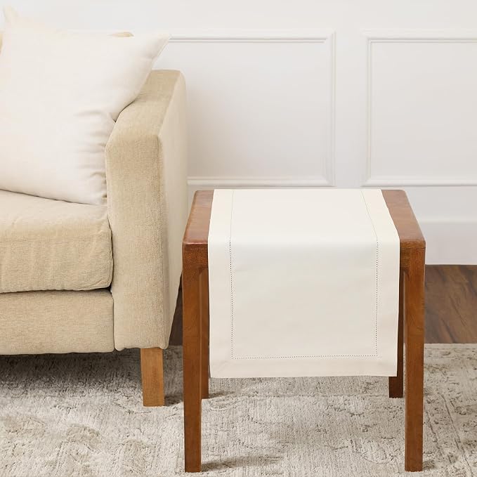 Solino Home Cotton Linen Dining Table Runner Ivory Hemstitch, 14 x 36 in | by SolinoHome