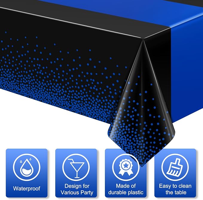 MASHAN 6Pcs Black and Blue Tablecloth Party Decorations, Plastic Black Table - Image 3