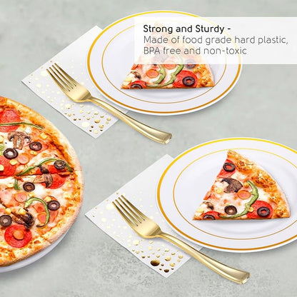 The Essential Concierge 100 Stylish Gold Dessert Plates, Forks and Cocktail Napkins - 7.5 Inch Wedding Cake Plates for Events including Wedding Reception, Parties or Showers
