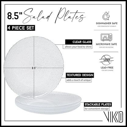 Vikko Salad Plate, Set of 4 Glass Plates, Dessert, Salad, Appetizer Plate, Elegant Textured Glass Design, Stackable 8.5 Inch Plates, Dishwasher Safe