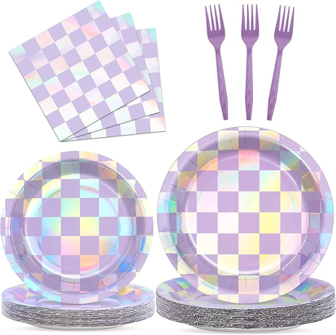 96Pcs Iridescent Birthday Party Supplies Purple Checkered Paper Plates Napkins by Justforjoyful