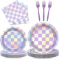 96Pcs Iridescent Birthday Party Supplies Purple Checkered Paper Plates Napkins by Justforjoyful