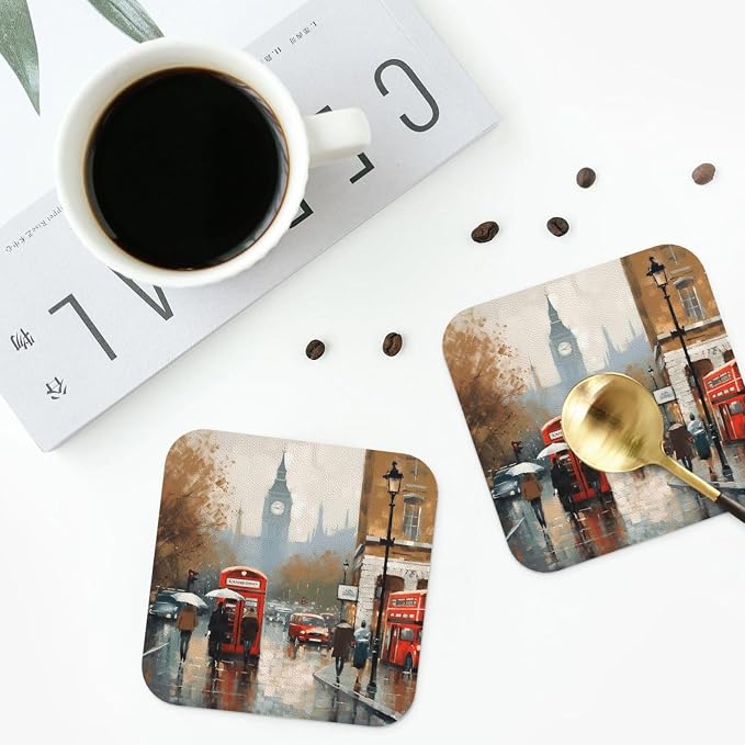 4Pcs Leather Coaster for Drinks London Impression Cup Coasters Aesthetic Drink - Image 8