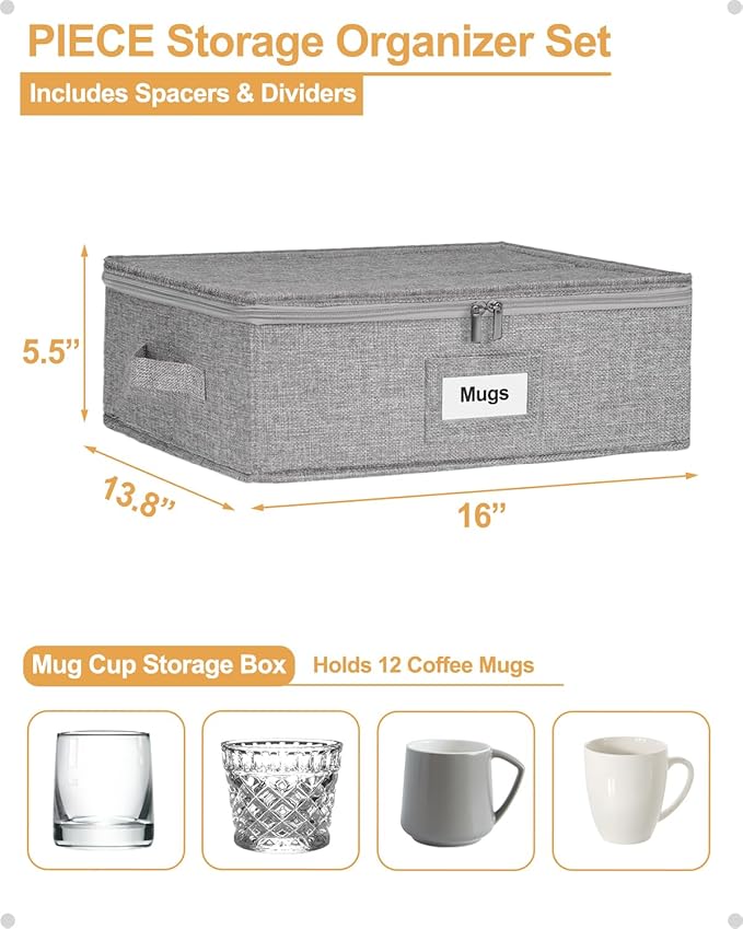 punemi Mug Storage Organizer w/Hard Shell Sides & Bottom, Padded Dividers, 2-Pack Stackable Coffee Mug Storage Boxes for Tea Cups, China Storage Containers for Packing & Moving