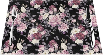 Vintage Floral Placemats Set of 4 Pink Rose Peony Flower Blossom Black Wipeable Table Mats Reusable Washable PVC Rectangle Place Mats for Kitchen Dining Home Decor 12x18 Inches