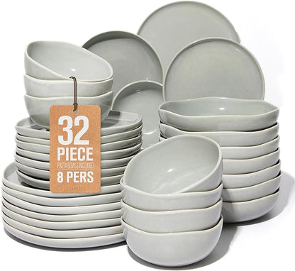 32 Piece Dinnerware Set for 8 with Pasta Bowls, Gray Green Reactive Glaze Stoneware | All‑in‑One Host Set for Entertaining, Holiday Meals, Multi‑Course Dish Set | Unique Irregular Look