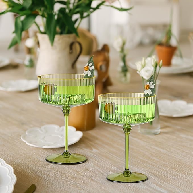 24 PCS Gold Rim Plastic Champagne Coupe Cup Sage Green Ribbed Coupe Glasses 10oz Detachable Espresso Martini Glass Vintage Margarita Glassware Cocktail Glass Set for Baby Shower Christmas Wedding