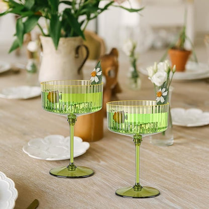 24 PCS Gold Rim Plastic Champagne Coupe Cup Sage Green Ribbed Coupe Glasses 10oz Detachable Espresso Martini Glass Vintage Margarita Glassware Cocktail Glass Set for Baby Shower Christmas Wedding
