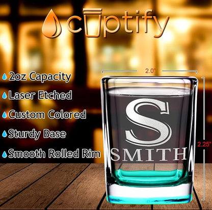 Personalized Square Shot Glasses Set of 10 Teal Bottom 2oz Engraved Initial and Name Custom Gifts, Weddings, Birthdays, Party, Event, Decorations
